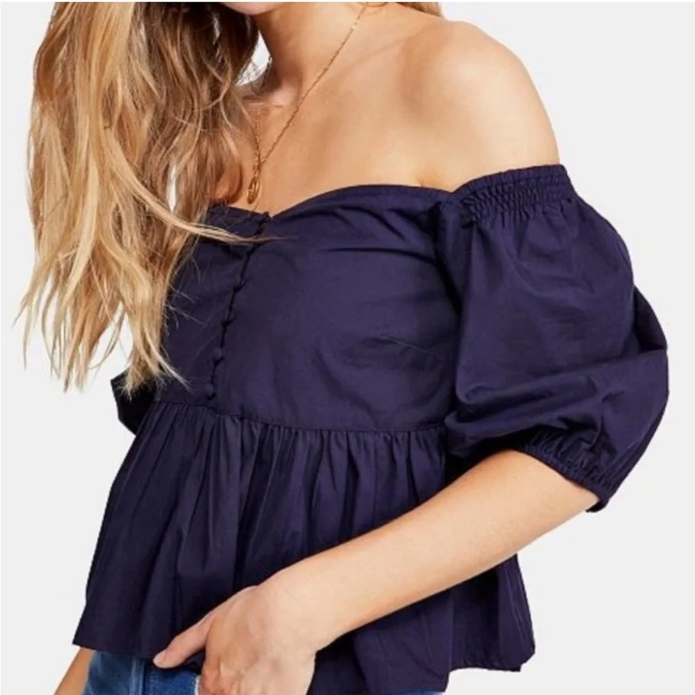 Free People Veronica Navy Blue Puff Sleeve Peplum Crop Top in Night Sky Sz Small